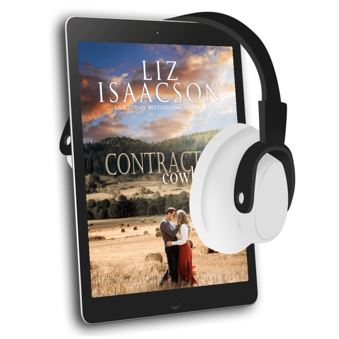 E-reader with a book cover displayed on the screen, featuring a couple in a field, and headphones on top.
