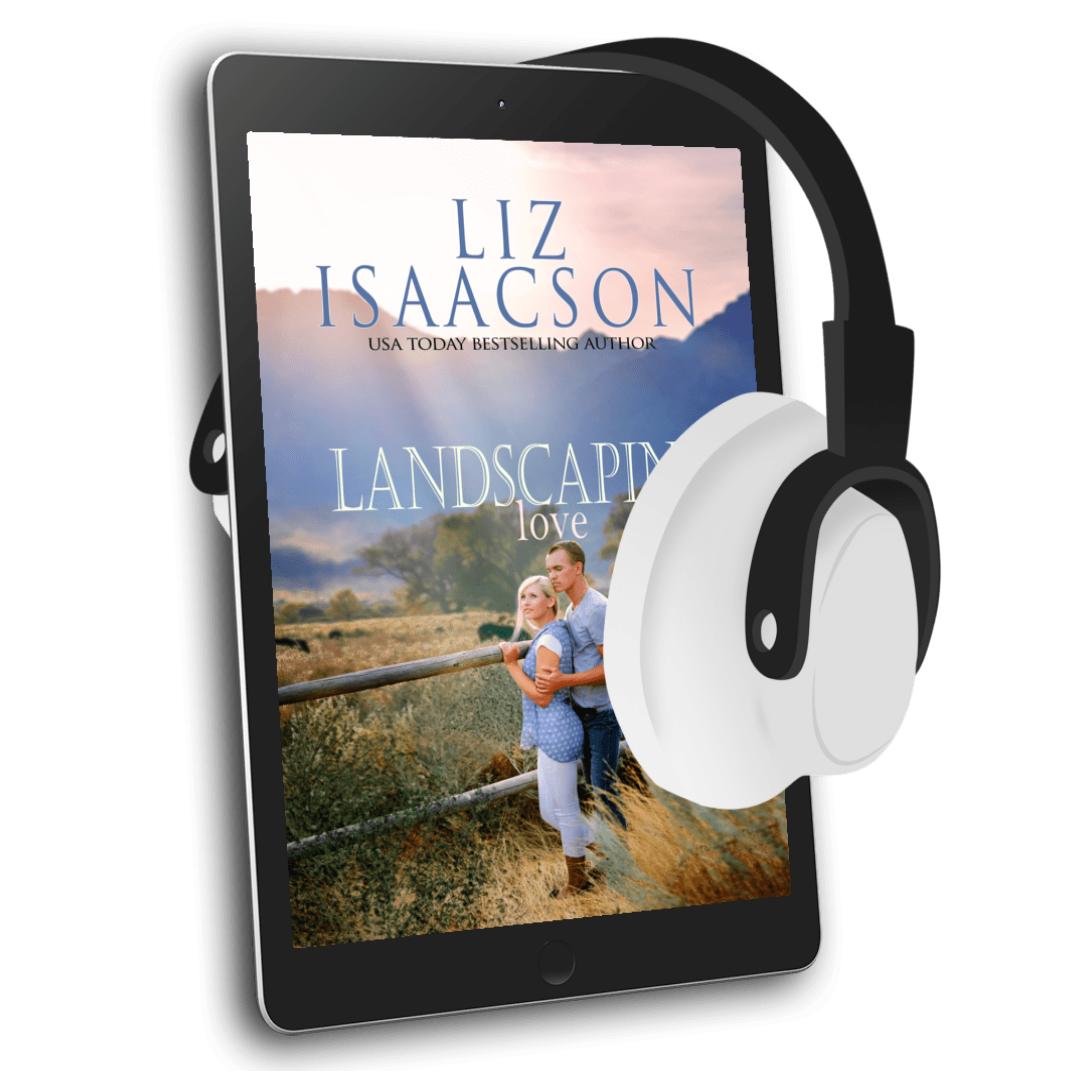 E-reader with a book cover featuring a couple and the title 'Landscaping Love' by Liz Isaacson, with headphones on top.
