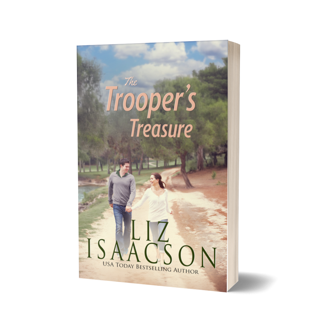 Book cover of 'The Trooper's Treasure' by Liz Isaacson with a scenic background