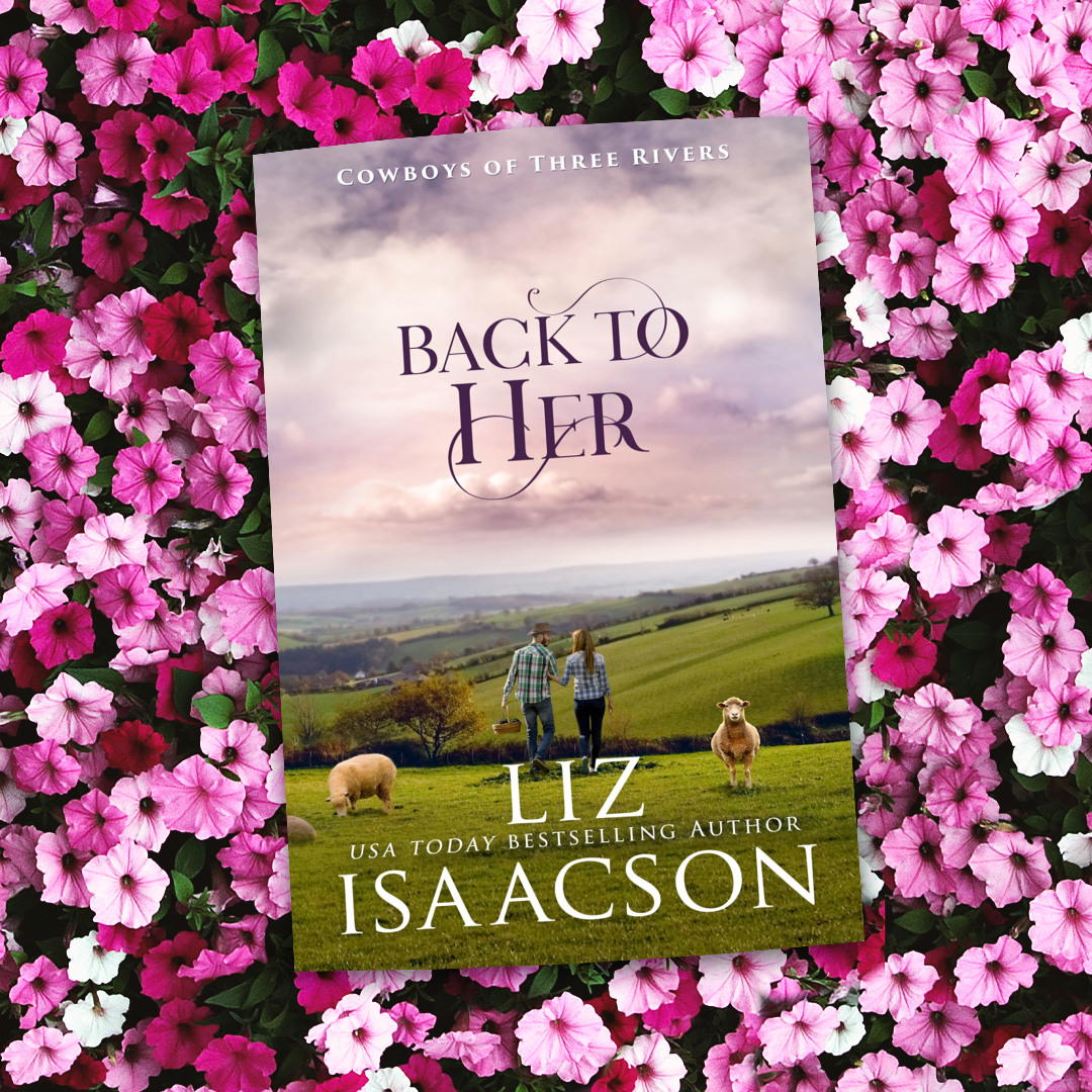Book cover of 'Back to Her' by Liz Isaacson surrounded by pink and white flowers