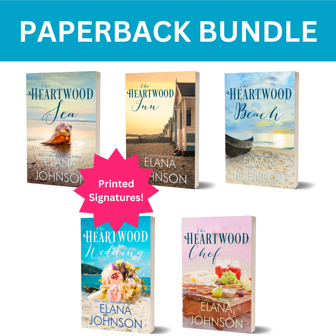 Paperback bundle of five romance novels by Elana Johnson, featuring titles 'The Heartwood Sea,' 'The Heartwood Inn,' 'The Heartwood Beach,' 'The Heartwood Wedding,' and 'The Heartwood Chef,' with a pink 'Printed Signatures!' badge on a white background.