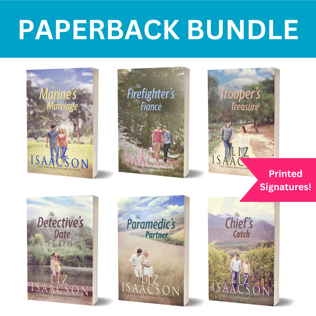 Six Fuller Family Romance novel covers arranged in a 2x3 bundle on a white background with a bright blue banner reading 'PAPERBACK BUNDLE' at the top and a pink ribbon saying 'Printed Signatures!' on the right. The visible author name is Liz Isaacson on the covers.