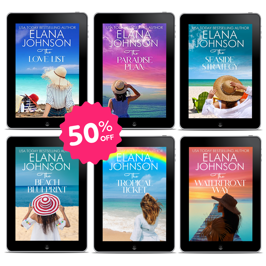 Promotional image showing six Elana Johnson ebook covers displayed on tablets in a grid, with a pink “50% OFF” badge highlighting the discounted collection.
