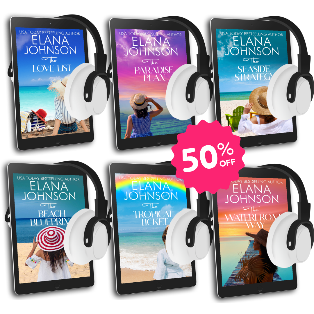 Six tablets with book covers and headphones, featuring Elana Johnson's books, on a white background with a 50% off sale label.