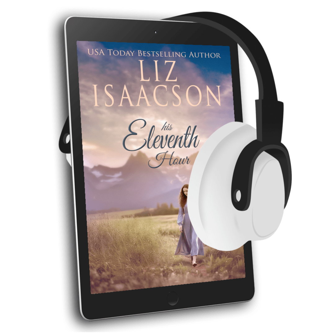 E-reader displaying 'Liz Isaacson's Eleventh Hour' with headphones on a white background
