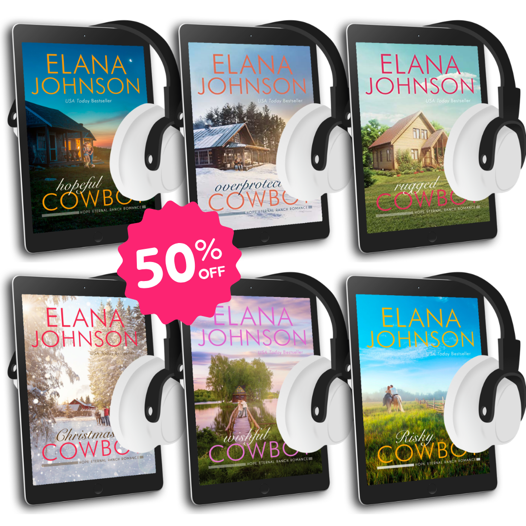 Six tablet screens displaying Elana Johnson's book covers with headphones and a 50% off badge.