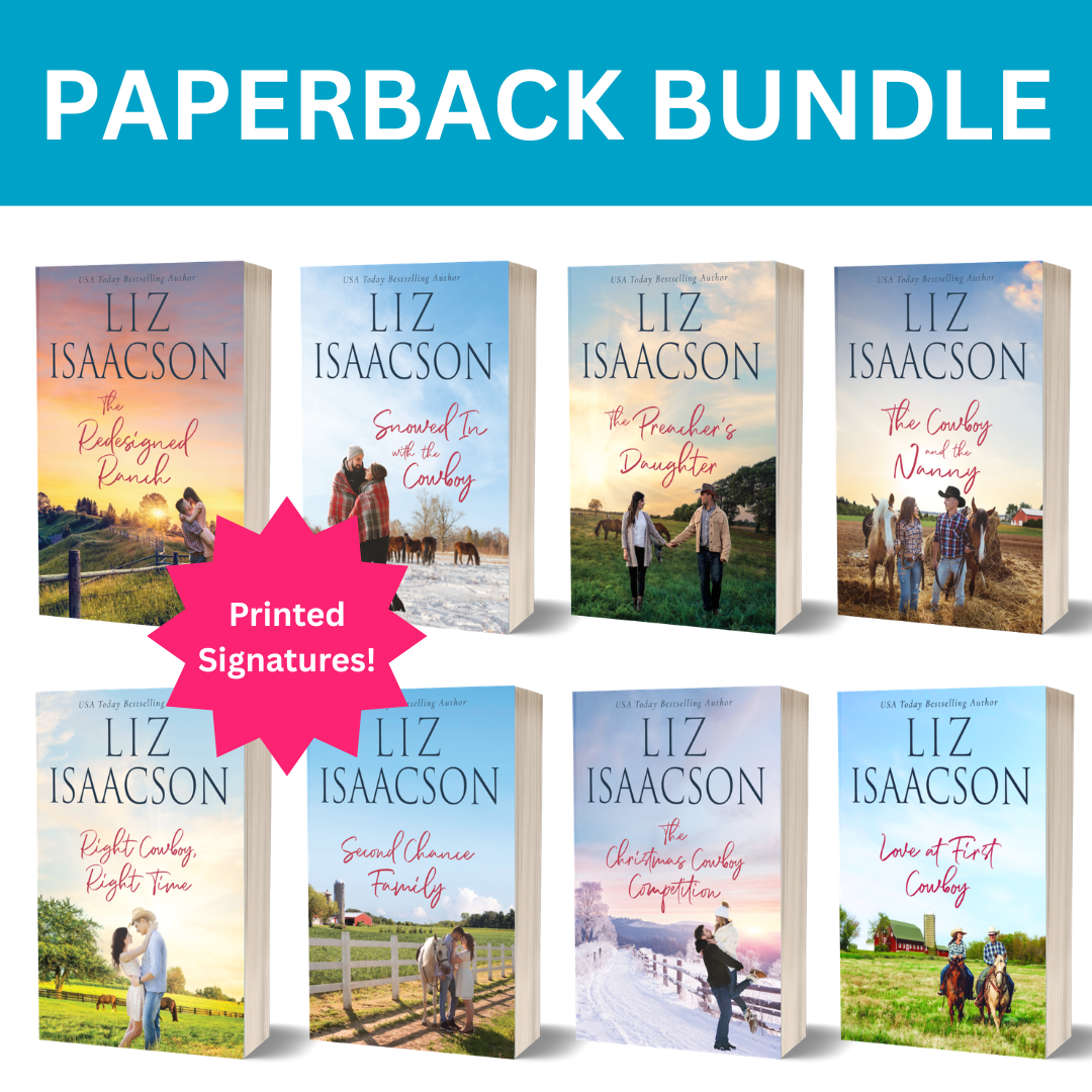 Collection of Liz Isaacson books with a promotional banner for a paperback bundle.
