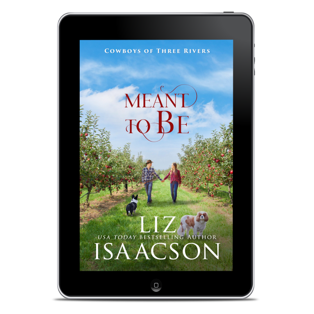 Tablet displaying the book cover of 'Meant to Be' by Liz Isaacson in an apple orchard.