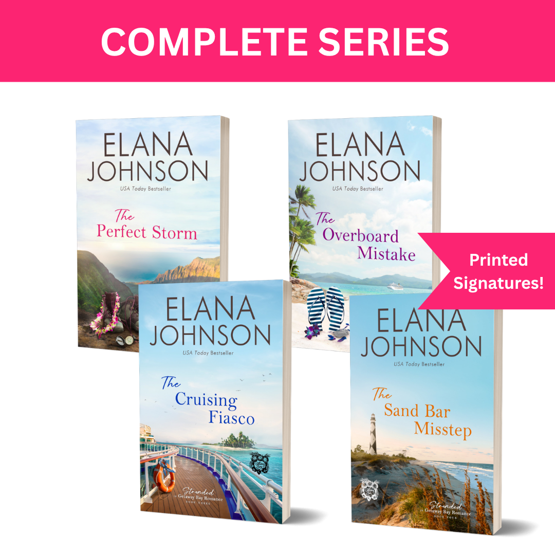 Four romance novel book covers by Elana Johnson are arranged on a white background under a pink banner reading 'COMPLETE SERIES,' with a pink callout saying 'Printed Signatures!'.