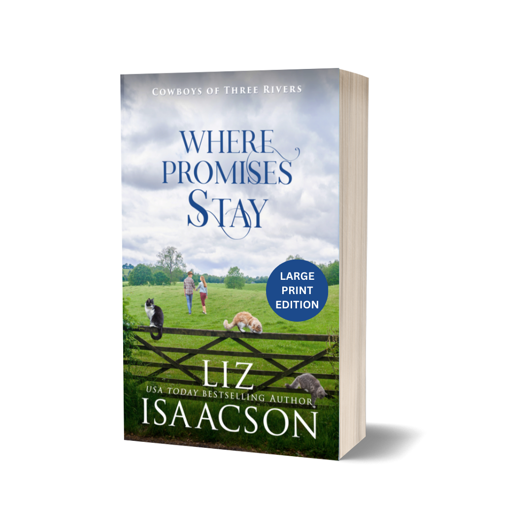 Book cover of large print ediiton of 'Where Promises Stay' by Liz Isaacson with a pastoral scene on the cover.