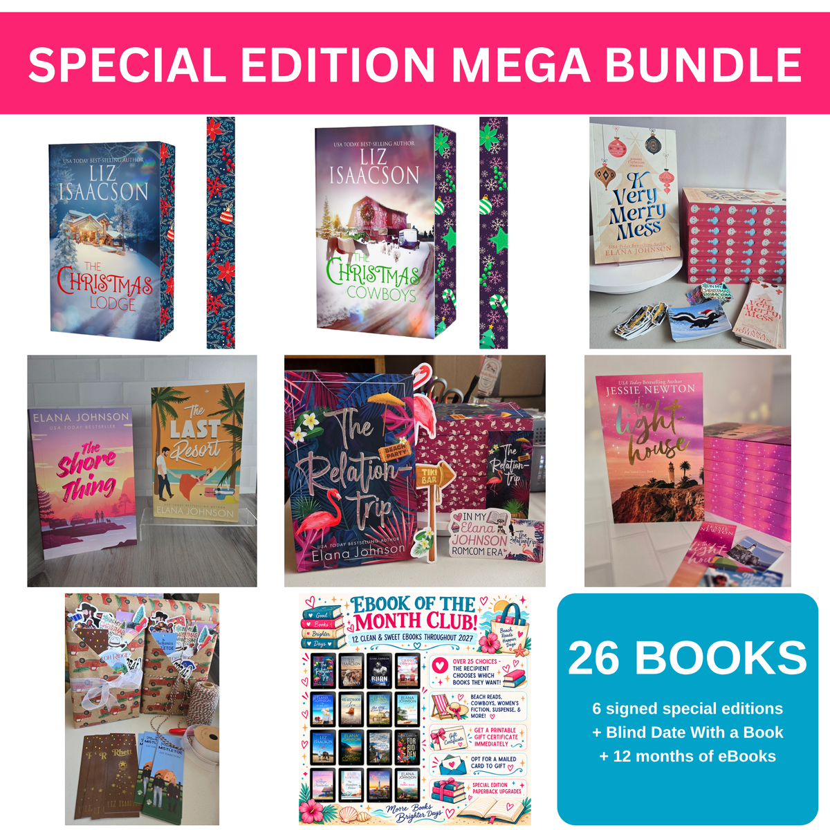 Special Edition Mega Bundle: The Christmas Lodge, The Christmas Cowboys, A Very Merry Mess, Beach Read Double, The Relationtrip, and The Lighthouse special edition paperbacks, plus a Christmas Blind Date With a Book and the eBook of the Month Club - 26 books