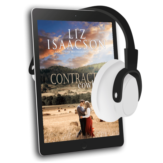 E-reader with a book cover displayed on the screen, featuring a couple in a field, and headphones on top.