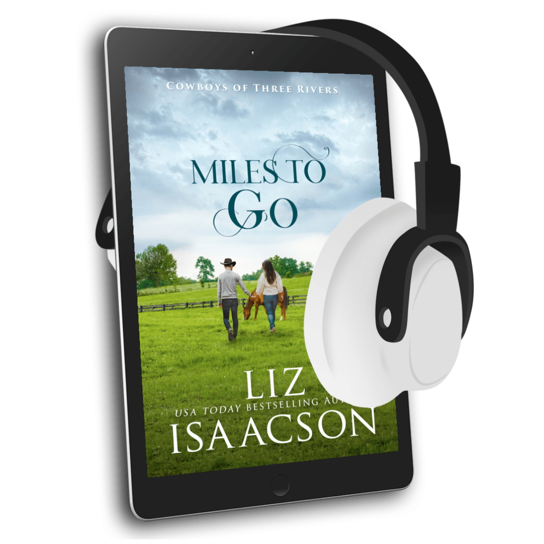 E-reader with 'Miles to Go' book cover displayed, featuring a couple with a horse in a field.