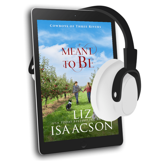 E-reader with 'Meant to Be' book cover and headphones on a white background