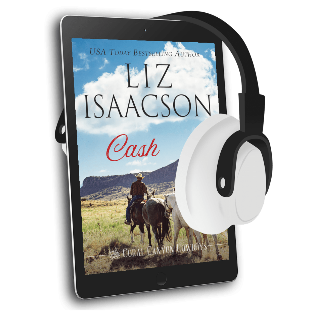 E-reader displaying a book cover with a cowboy scene and headphones on a white background