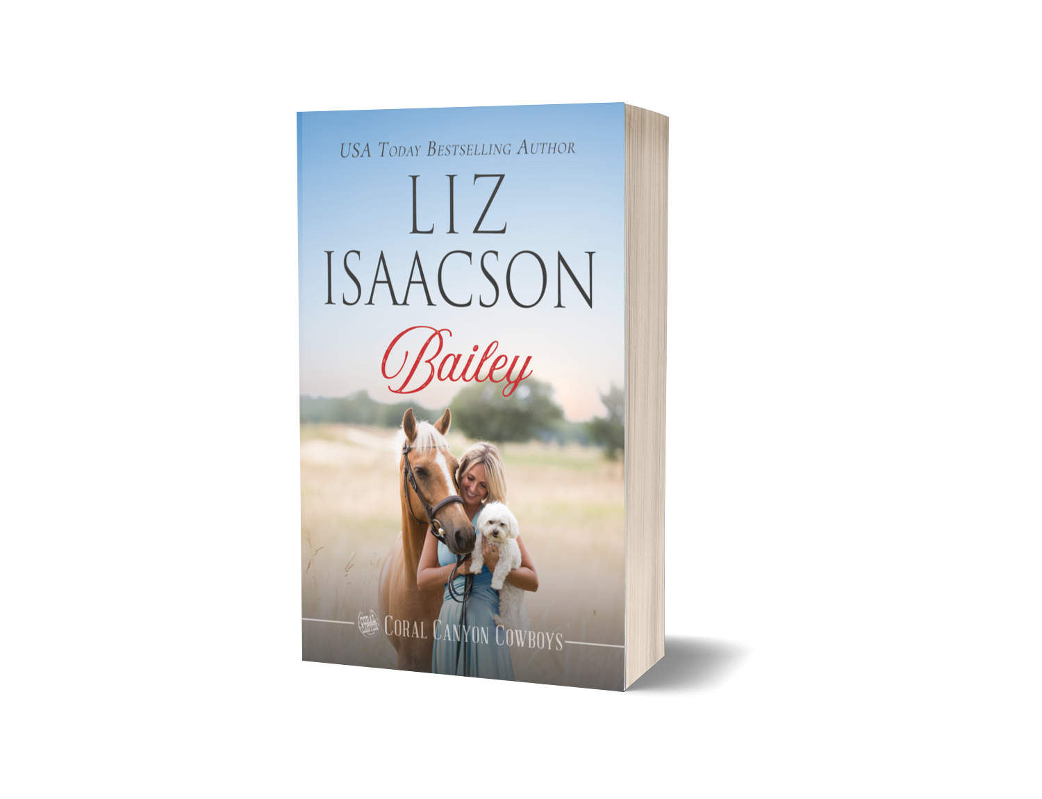 A 3D book mockup of 'Bailey' by Liz Isaacson, featuring a western romance cover with a cowboy, a horse, and a woman holding a dog, set against a plain white background.