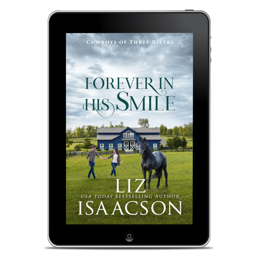 Ebook cover of 'Forever in His Smile' by Liz Isaacson on a tablet screen.