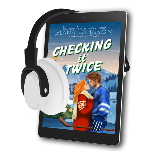 A tablet device displaying a romance novel cover titled "Checking It Twice" by Elana Johnson, with large white over-ear headphones floating beside it on a black background.