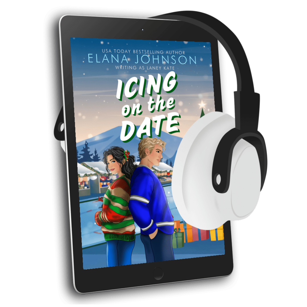 A tablet displaying a book cover for 'Icing on the Date' by Elana Johnson, with white over-ear headphones floating beside it on a clean white background.