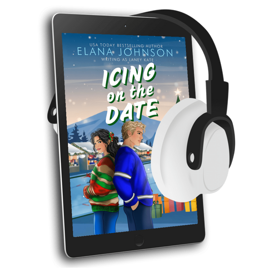 A tablet displaying a book cover for 'Icing on the Date' by Elana Johnson, with white over-ear headphones floating beside it on a clean white background.