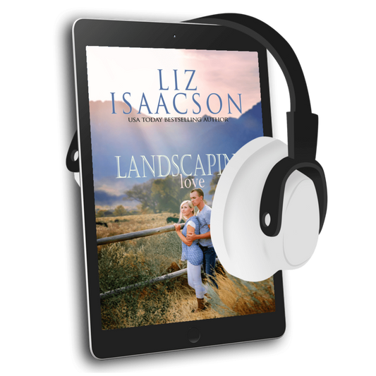 E-reader with a book cover featuring a couple and the title 'Landscaping Love' by Liz Isaacson, with headphones on top.