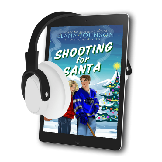A tablet device displaying the book cover for "Shooting for Santa" by Elana Johnson, with white over-ear headphones placed in front of the screen, on a clean white background.