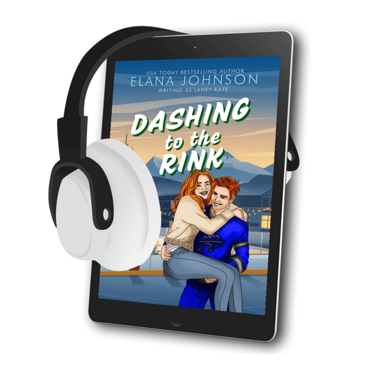 A tablet device displaying a book cover titled "Dashing to the Rink" by Elana Johnson, with white over-ear headphones draped over the left side, all on a clean white background.