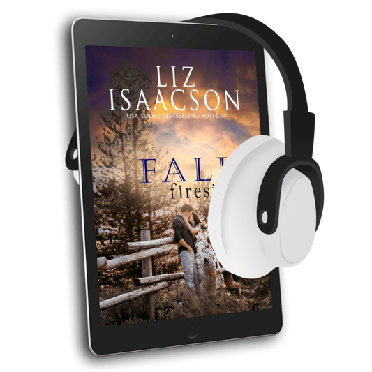E-reader with a book cover featuring 'Fall Fireside' by Liz Isaacson and headphones on a white background