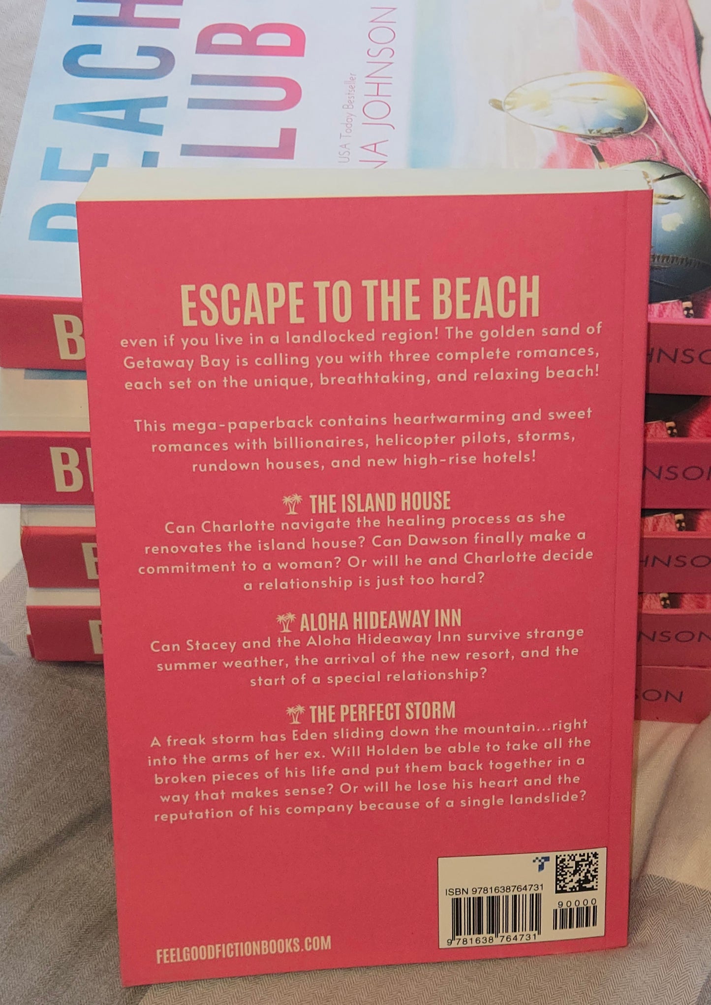 Back cover of a book titled 'Escape to the Beach' with text and branding.