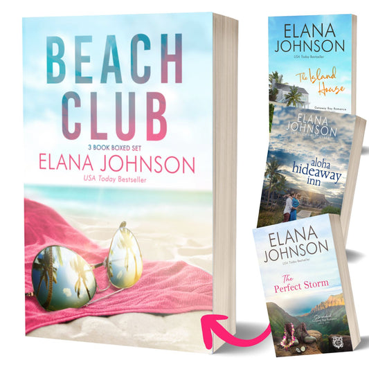 Book set with 'Beach Club' by Elana Johnson and a bookmark featuring other books from the series.