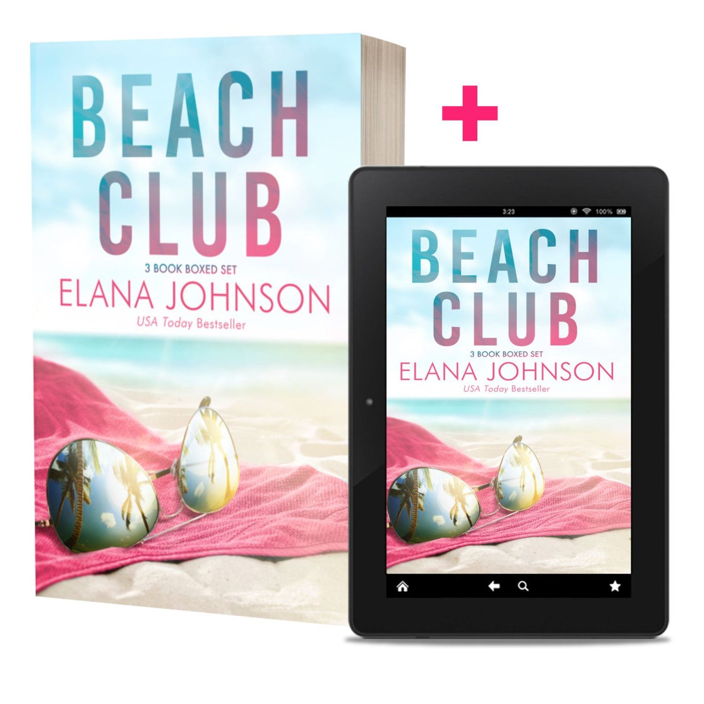 Book titled 'Beach Club' by Elana Johnson with a tablet displaying the same book cover.