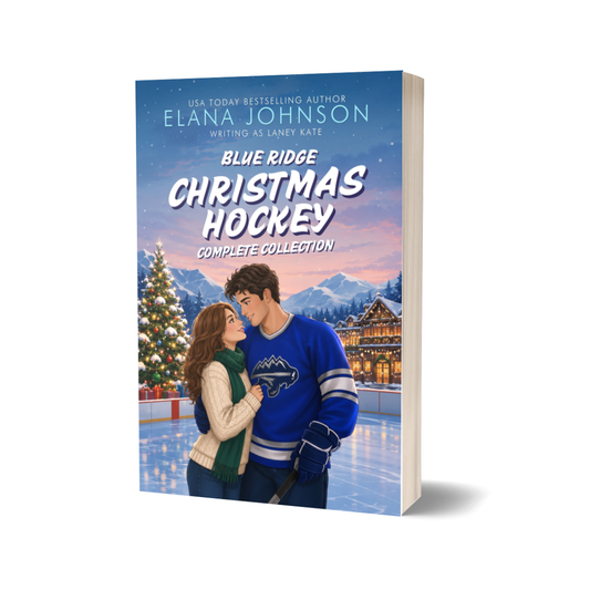 A book cover for 'Blue Ridge Christmas Hockey Complete Collection' by Elana Johnson, shown as a 3D book mockup on a white background. The cover features an illustration of a couple on an ice rink with a Christmas tree and mountains in the background.