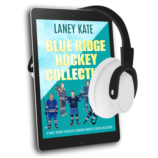 A tablet displaying the Blue Ridge Hockey Collection cover with headphones.
