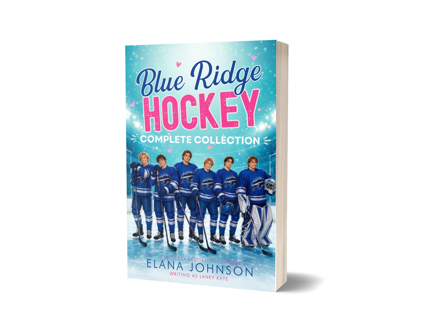 A 3D book mockup of 'Blue Ridge Hockey Complete Collection' by Elana Johnson, showing the front cover with a hockey team and the title in blue and pink lettering against a light blue background.