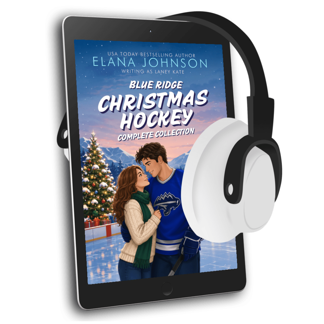A tablet displaying a book cover for 'Blue Ridge Christmas Hockey' by Elana Johnson, with white over-ear headphones floating in front on a clean white background.