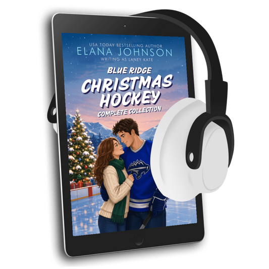 A tablet displaying a book cover for 'Blue Ridge Christmas Hockey' by Elana Johnson, with white over-ear headphones floating in front on a clean white background.