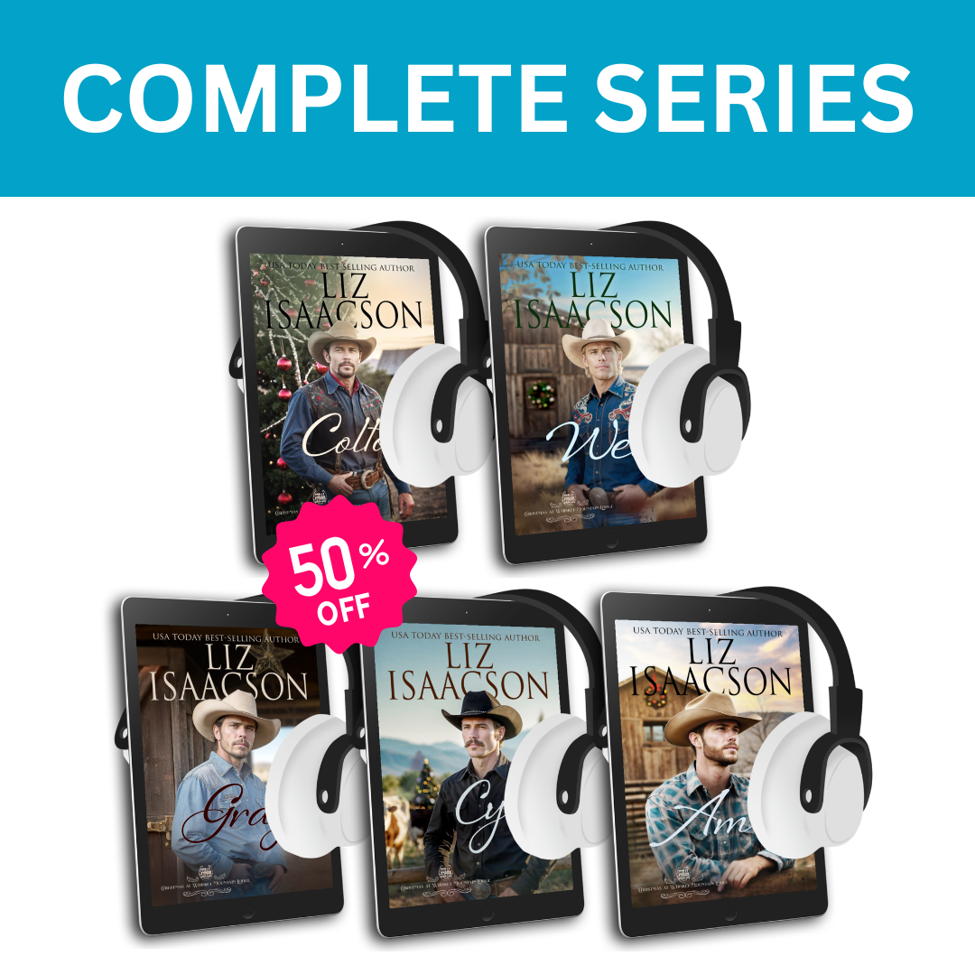 Set of five book covers by Liz Isaacson with headphones and a discount badge on a white background