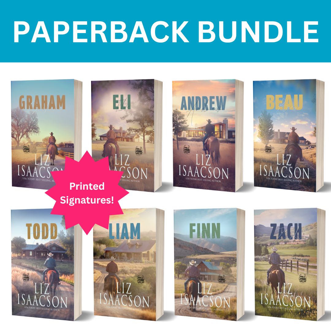 Set of eight paperback books by Liz Isaacson with a blue banner at the top reading 'Paperback Bundle'.