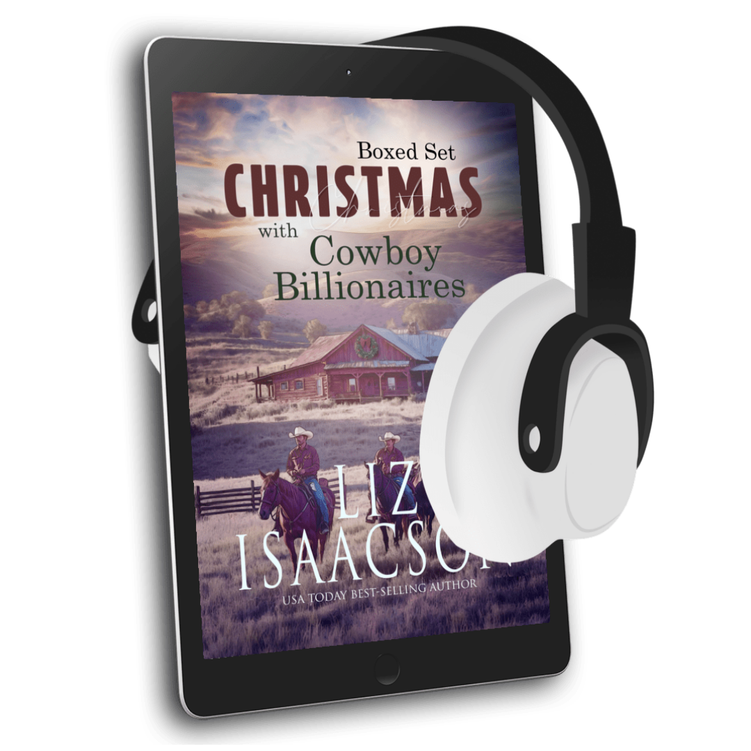 E-reader with a book titled 'Christmas with Cowboy Billionaires' by Liz Isaacson, featuring a cowboy scene on the cover.