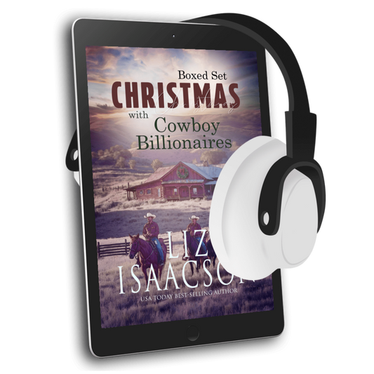 E-reader with a book titled 'Christmas with Cowboy Billionaires' by Liz Isaacson, featuring a cowboy scene on the cover.