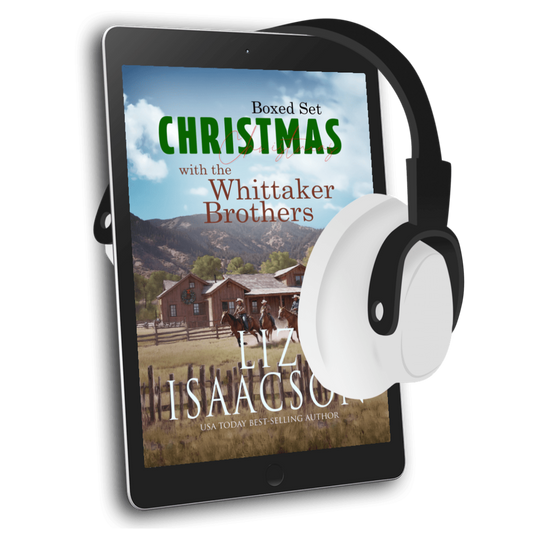 Ebook cover of 'Christmas with the Whittaker Brothers' on a tablet with headphones