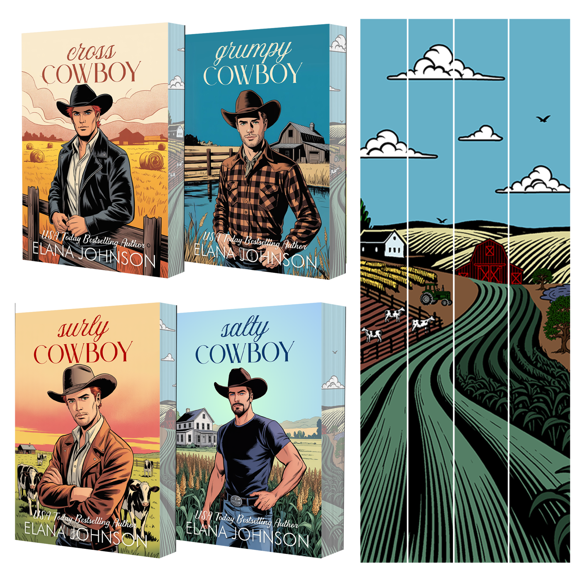 Four book covers of 'Cowboy' series by Elana Johnson with a farm scene illustration.