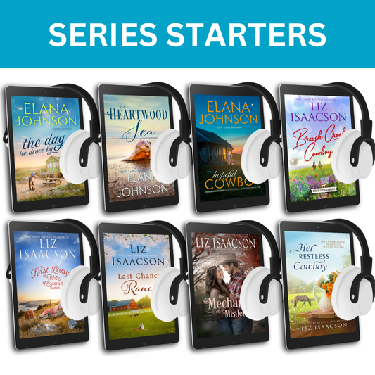 A bundle of audiobooks, with the large white text 'SERIES STARTERS' on a bright blue header. Below, eight audiobooks by Elana Johnson and Liz Isaacson, each with white over-ear headphones overlaid across the screens.