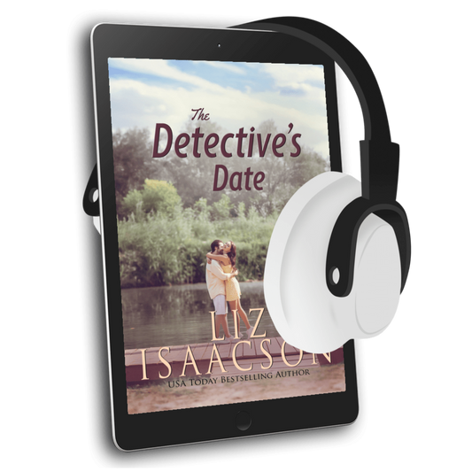 E-reader displaying 'The Detective's Date' by Liz Isaacson with headphones on a white background