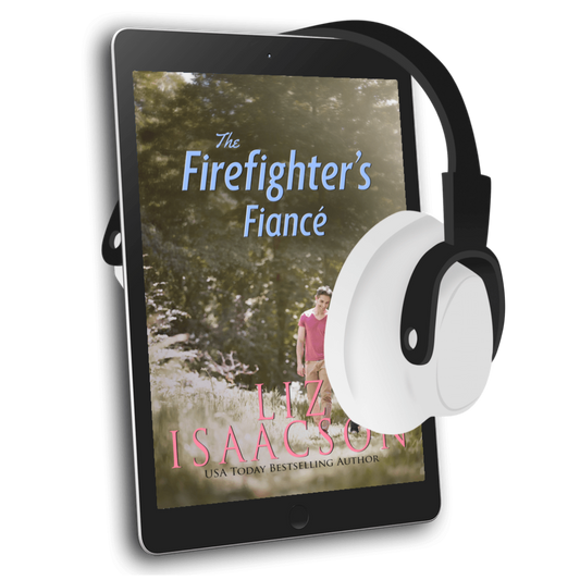 E-reader displaying 'The Firefighter's Fiancé' by Liz Isaacson with headphones on a white background