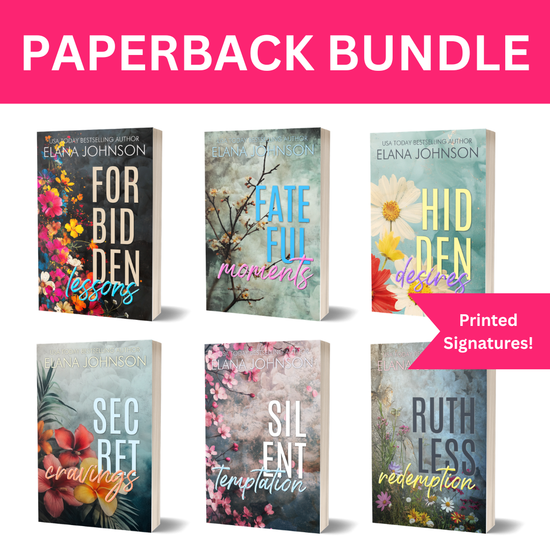 Paperback bundle of six ELANA JOHNSON romance novels on a white background with a pink banner reading 'PAPERBACK BUNDLE' and a pink badge saying 'Printed Signatures!'.