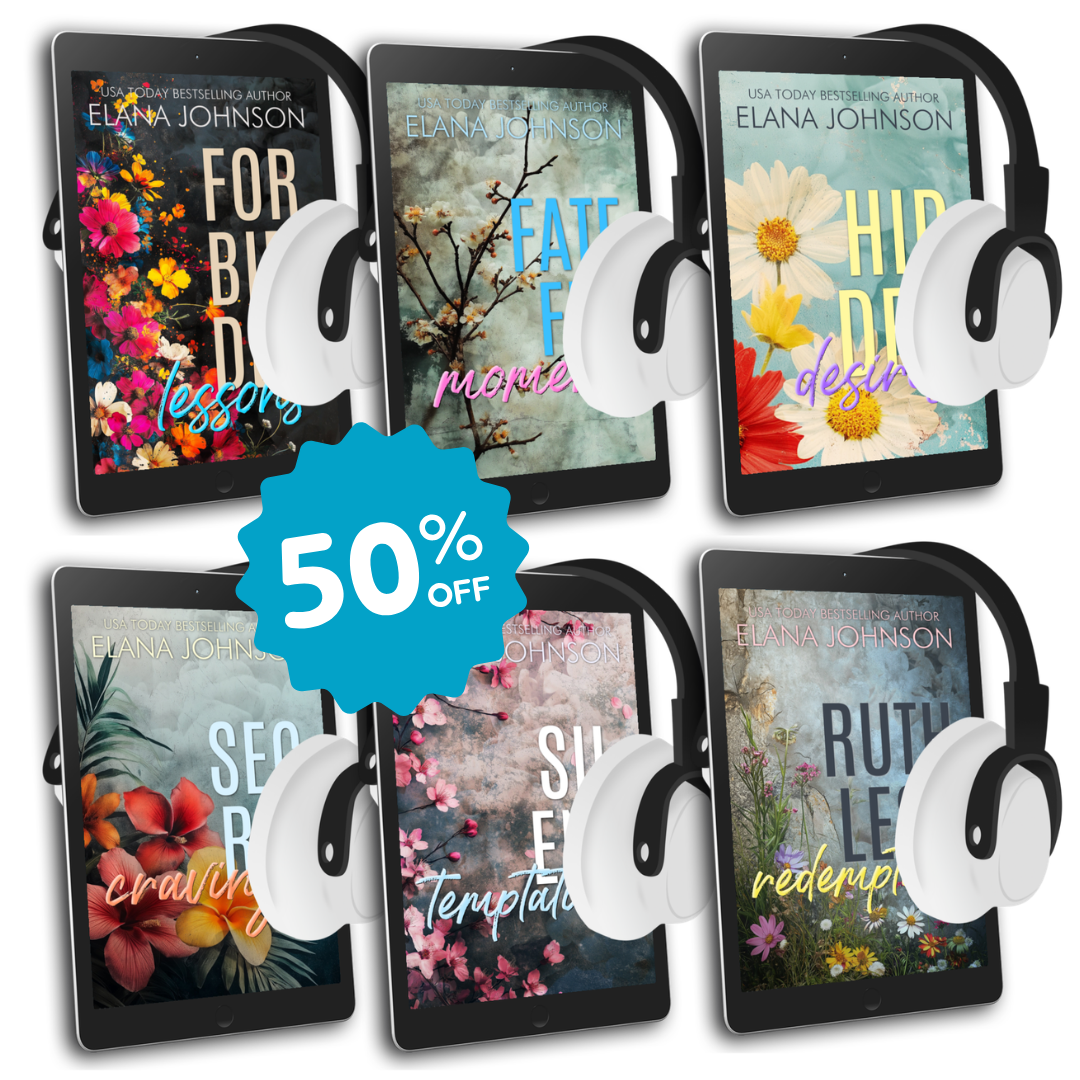 Six Forbidden Lake book covers with headphones around them, featuring a 50% off sale tag.