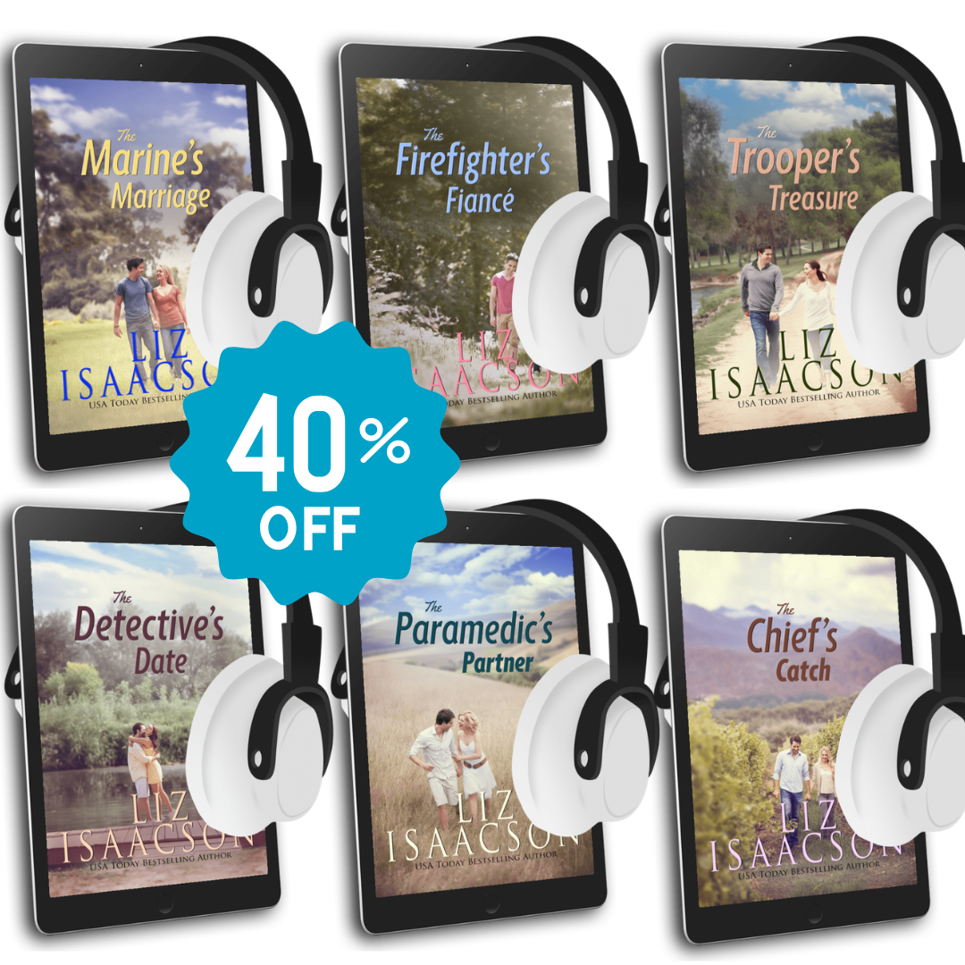 Six tablet screens displaying book covers by Liz Isaacson with headphones and a 40% off badge.