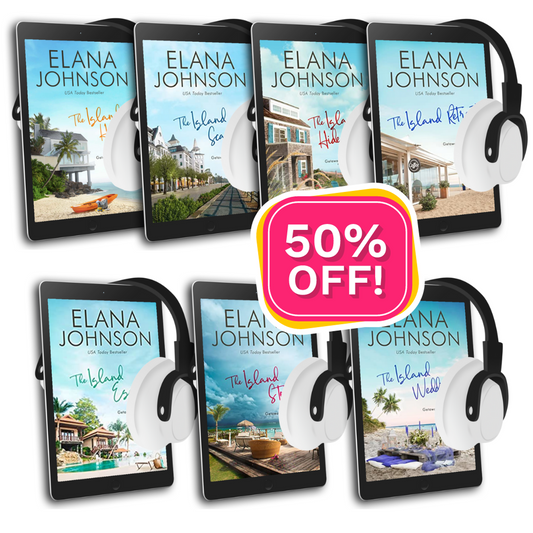 A promotional graphic showing multiple tablets displaying The Island series by Elana Johnson arranged in a grid with a “50% OFF” sale badge.
