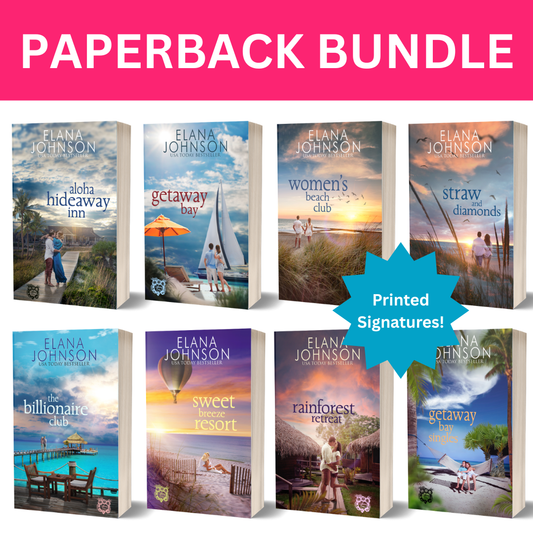 Collection of Elana Johnson book covers with a pink "paperback bundle" banner at the top.